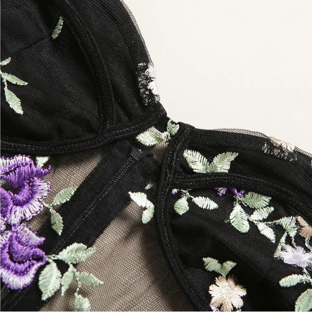 One-piece Black Floral Embroidery Bodysuit Lingerie - Picture 2 of 6